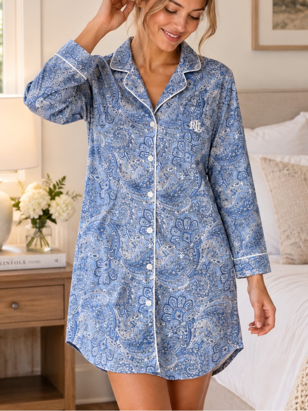 Lauren Ralph Lauren Women’s Blue Paisley LRL Monogram Sleep Shirt Nightgown S